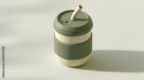 Premium 3D Reusable Coffee Tumbler with Silicone Sleeve in Claymorphism Style Isolated on White Background
