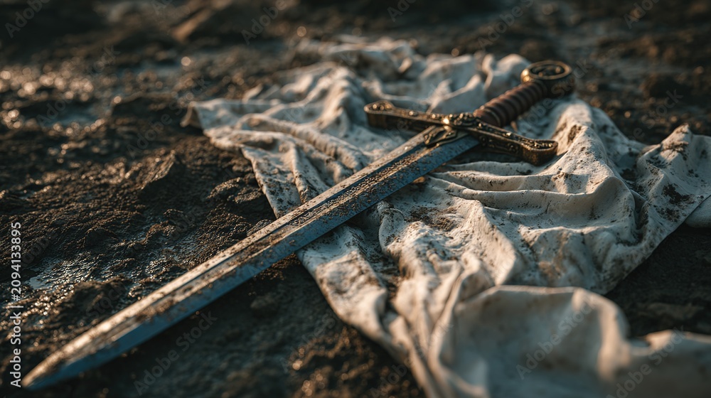 Fototapeta premium victorious. A broken sword in mud next to a pristine sword on clean cloth. wellbeing guides, coaching materials, designed for coaching and self-improvement content, encourages positive mindset.