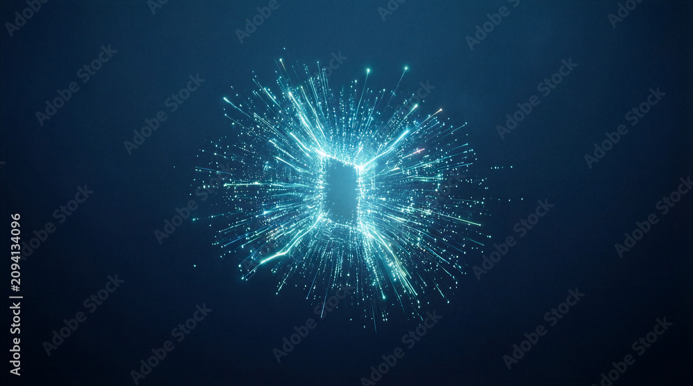 Fototapeta premium Singularity light portal abstract energy background with glowing particles and copy space for digital technology and futuristic design concepts