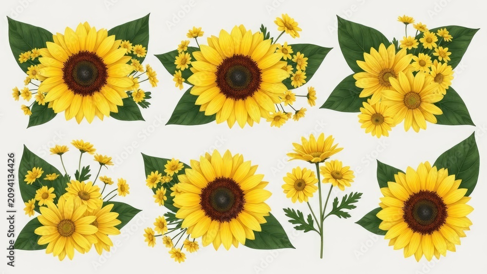 Fototapeta premium Pattern of yellow sunflowers and leaves on white background.