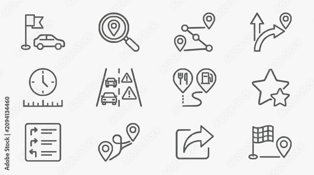Fototapeta premium Corporate Minimalist Line Icons Set Featuring Navigation Directions and Location Based Services in Monochrome