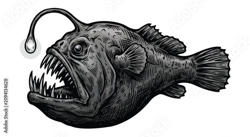Obraz na plátně Detailed black and white illustration of an anglerfish with lure