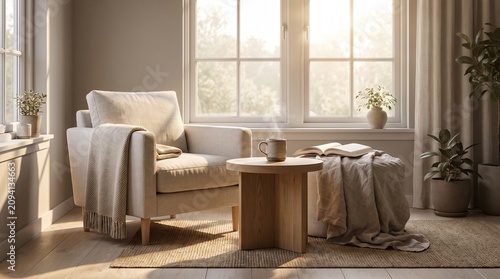 Cozy Reading Nook with Open Book, Warm Natural Light and Minimal Interior