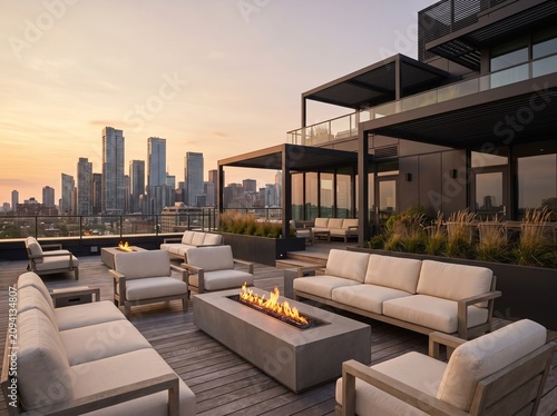 Modern Rooftop Terrace Lounge with City Skyline at Golden Hour