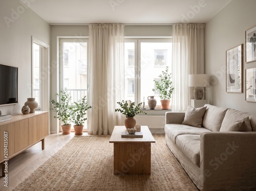 Bright Scandinavian Apartment Interior with Modern Minimalist Living Room