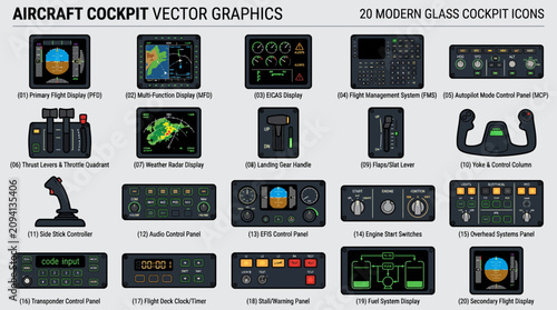 Modern Aircraft Cockpit Glass Icons Vector Graphics Collection.