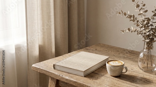 Minimal Aesthetic Lifestyle with Open Book, Coffee Cup and Soft Natural Morning Light