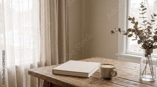 Minimal Aesthetic Lifestyle with Open Book, Coffee Cup and Soft Natural Morning Light