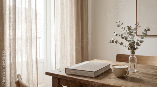 Minimal Aesthetic Lifestyle with Open Book, Coffee Cup and Soft Natural Morning Light