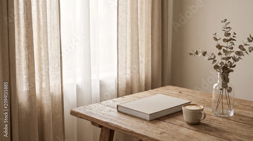 Minimal Aesthetic Lifestyle with Open Book, Coffee Cup and Soft Natural Morning Light