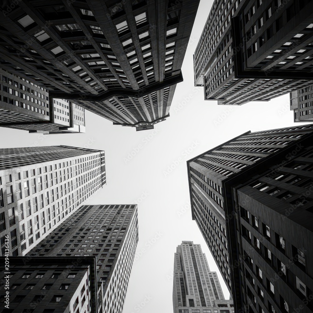 Fototapeta premium Black and white aerial view of tall city skyscrapers.