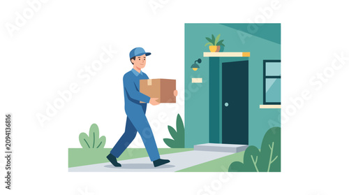 Delivery man in blue uniform carrying cardboard box package to house door vector illustration. EPS Editable. Vector Illustrations.