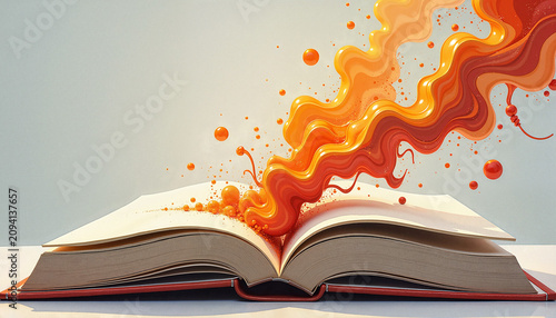 an open book with colorful liquid swirls emerging from the pages, representing creativity and imagination, suitable for educational or artistic themes, with copy space