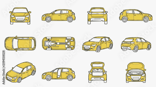 фотографія Corporate Set of Various Yellow Hatchback Cars in Multiple Angles and Views for