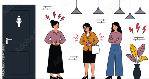 Fotografie Women standing in line for office toilet restroom holding stomach with stomachache pain vector illustration