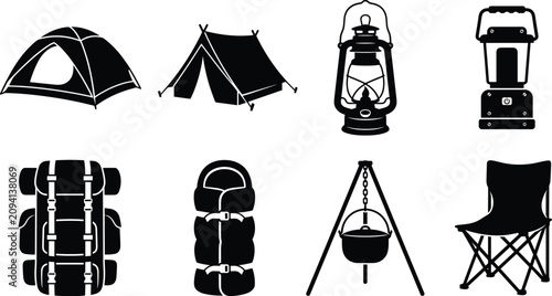 Black silhouette collection of essential camping equipment including tents, lanterns, backpack, sleeping bag, cooking pot, and folding chair