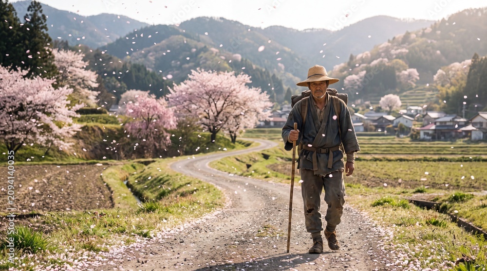 Fototapeta premium Traditional Elderly Japanese Traveler Walking Through Rural Village During Cherry Blossom Season