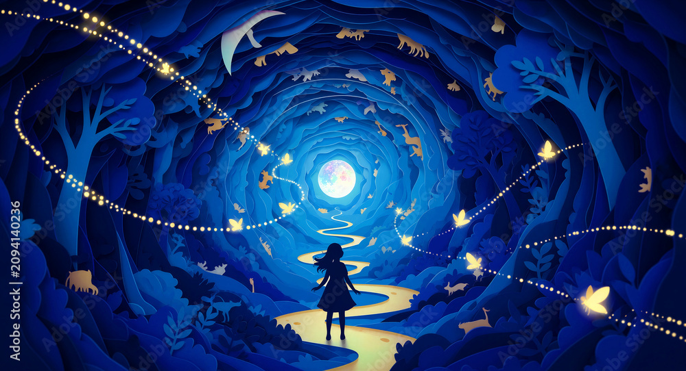 Obraz premium Girl silhouette on glowing path through paper-cut forest toward moon. Intricate blue 3D layers show whimsical animals and butterflies. Dreamy journey theme for book covers and creative design.