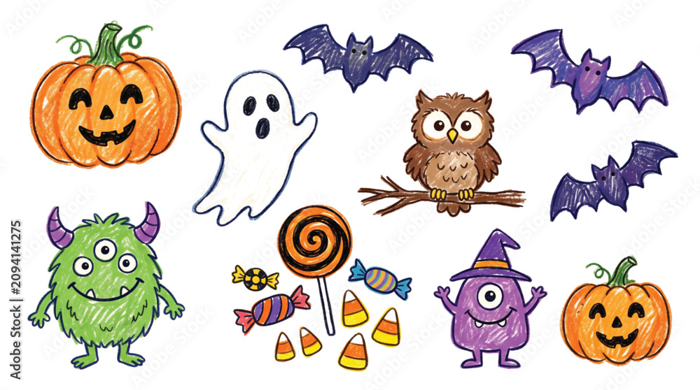 Fototapeta premium Cute Halloween Clipart Collection in Wax Crayon Style