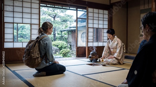 Traditional Japanese Tea Ceremony Experience in Zen House with Kimono Woman and Female Tourist