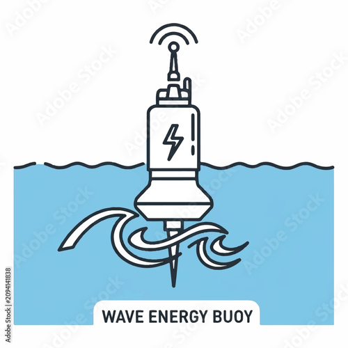 A wave energy buoy generates electricity underwater with a signal tower.