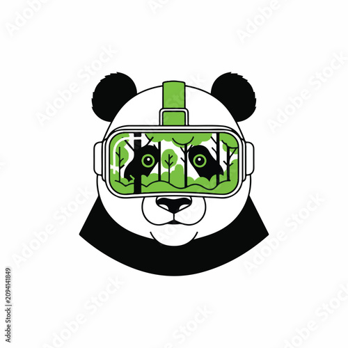 A panda wears virtual reality goggles with green graphics on its face.