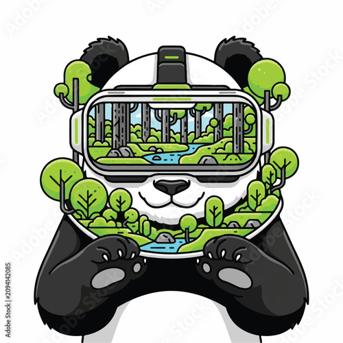Panda wears VR headset viewing serene forest landscape with trees and stream.