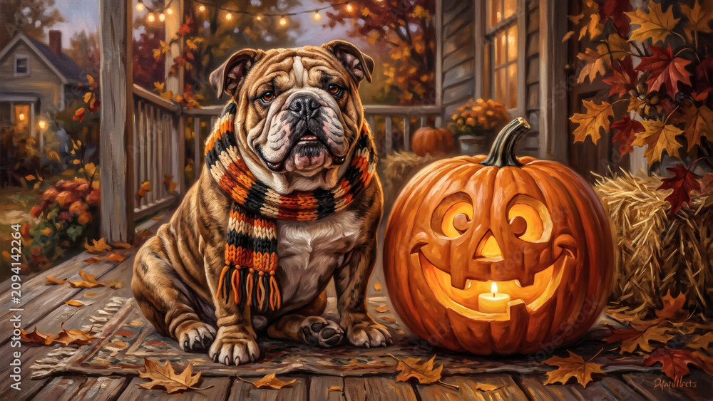 Fototapeta premium Cute Bulldog Wear Scarf Sit Next to Jack-o'-Lantern Porch Autumn Decor