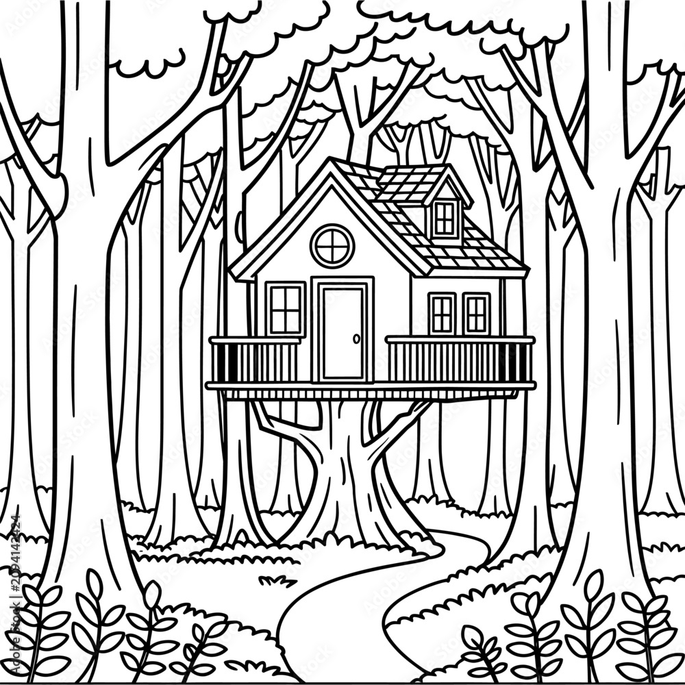 Naklejka premium Whimsical treehouse nestled amongst lush forest trees with a winding path leading to adventure.