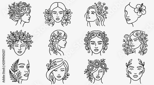 Obraz na płótnie Creative Black and White Line Art Collection of Female Faces with Floral and Lea