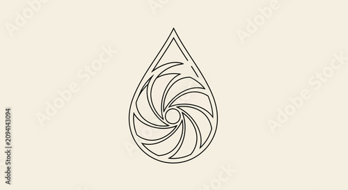 Stylized water droplet symbol with circular blade turbine design.