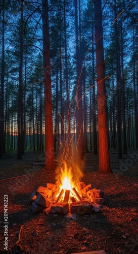 Campfire Burning Brightly in a Dark Forest at Night.