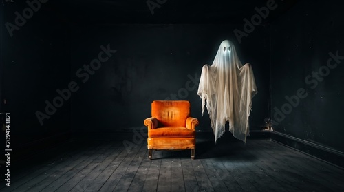 Haunted room interior featuring a vintage orange chair and a faint ghostly apparition