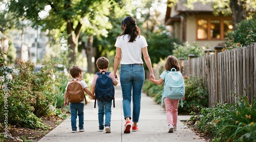 Mother holding hands with her children while walking to school outdoors children backpack outdoors