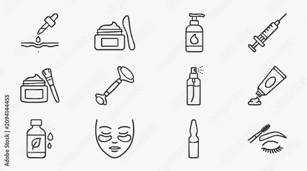 Fototapeta premium Creative Black and White Line Art Set of Nine Skincare and Beauty Treatment Icons Featuring Droppers Serums Masks and Tools