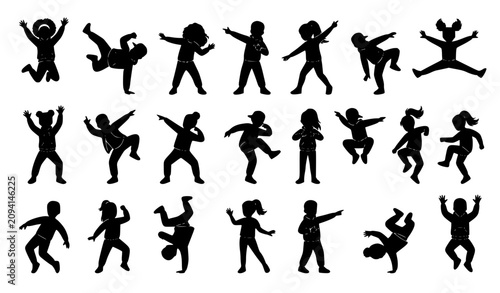 Cuadro en lienzo Street Dance Children Silhouette Vector Set with Happy Boys and Girls Dancing in
