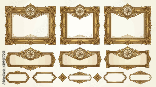 Vintage ornate frames with compasses, antique decorative elements