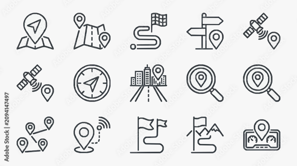 Fototapeta premium Creative Black and White Line Icons Set Featuring Navigation Location and Travel Themed Illustrations