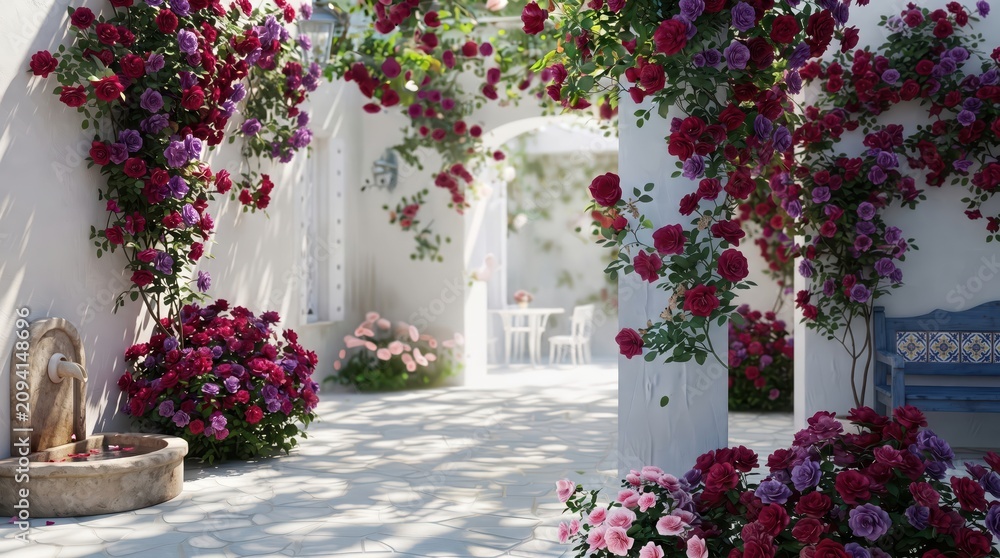 Fototapeta premium A beautiful, romantic view of a Mediterranean-style white courtyard, featuring a rustic stone water fountain and pillars draped in lush, blooming red and pink climbing roses under warm sunlight.