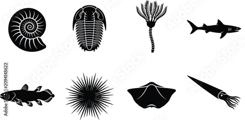 Schilderij op canvas Marine Life and Prehistoric Sea Creatures Silhouette Icon Set Featuring Trilobit