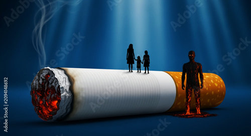 Silhouette family on a giant lit cigarette with a charred figure nearby. Surreal imagery depicting lethal secondhand smoke effects. Anti-tobacco campaign concept for public health awareness.