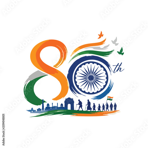 Creative 80th India Independence Day illustration featuring tricolor typography, Ashoka Chakra, India Gate, freedom march, Indian flag and flying doves, isolated on a white background.