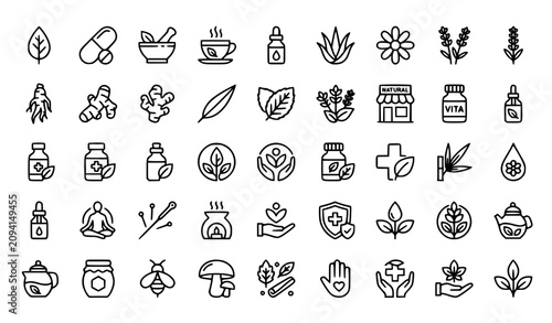 Herbal Medicine and Natural Remedies Icon Set with Organic Holistic Health Supplements Wellness Tea and Traditional Alternative Healing Line Vector Symbols