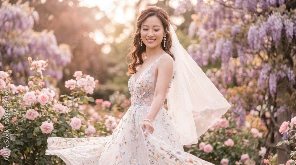 Fototapeta premium Joyful bride twirls in a floral embroidered gown surrounded by blooming roses and wisteria
