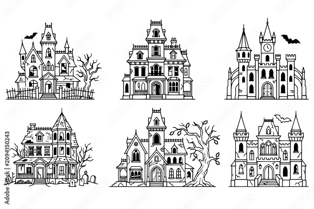 Obraz premium Gothic Mansions Collection: A set of six detailed line drawings depicting a variety of gothic and haunted mansion styles, complete with spooky elements like bats and bare trees.