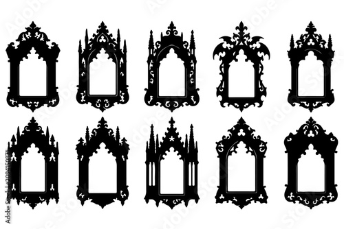 Gothic Frame Collection: A set of ten intricate gothic-style frames, showcasing elaborate architectural details and ornate flourishes, perfect for adding a touch of dark elegance to any design.