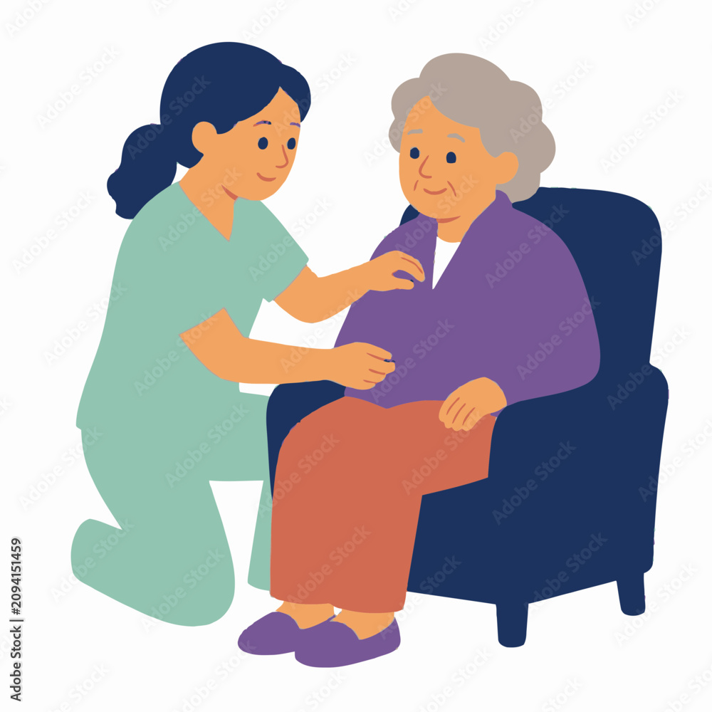 Obraz premium Flat vector illustration of a young female nurse in green medical scrubs providing assistance to an elderly woman with grey hair sitting in a blue armchair on a white background.