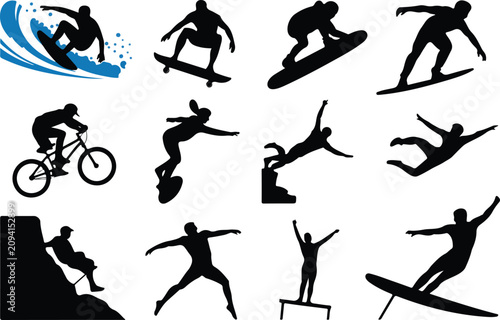 Sticker Collection of energetic black silhouettes showing athletes performing extreme sp