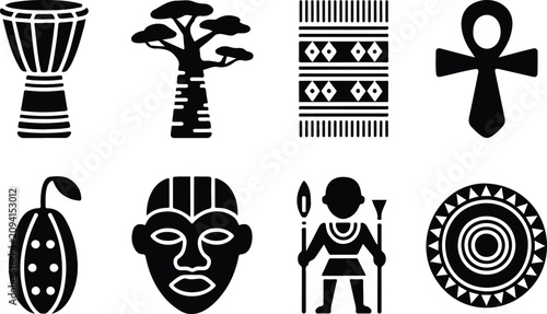 Bild auf Leinwand Collection of black silhouette icons featuring african culture symbols including