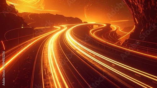 Glowing light trails on a winding road at dusk, fiery orange hues